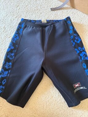 Women’s Black Swim Hybrids with Blue Floral Side Panels